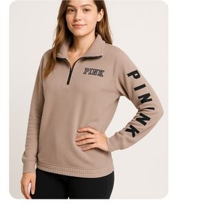 PINK Victoria's Secret Women's Taupe Quarter-Zip Sweatshirt Oversized XS